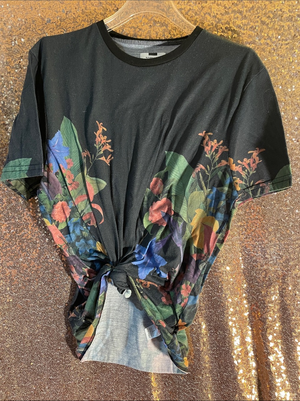 Topman Black Floral Knot-Front Tee with Multicolor Botanical Print